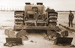 Churchill AVRE fitted with mine clearing with ploughs